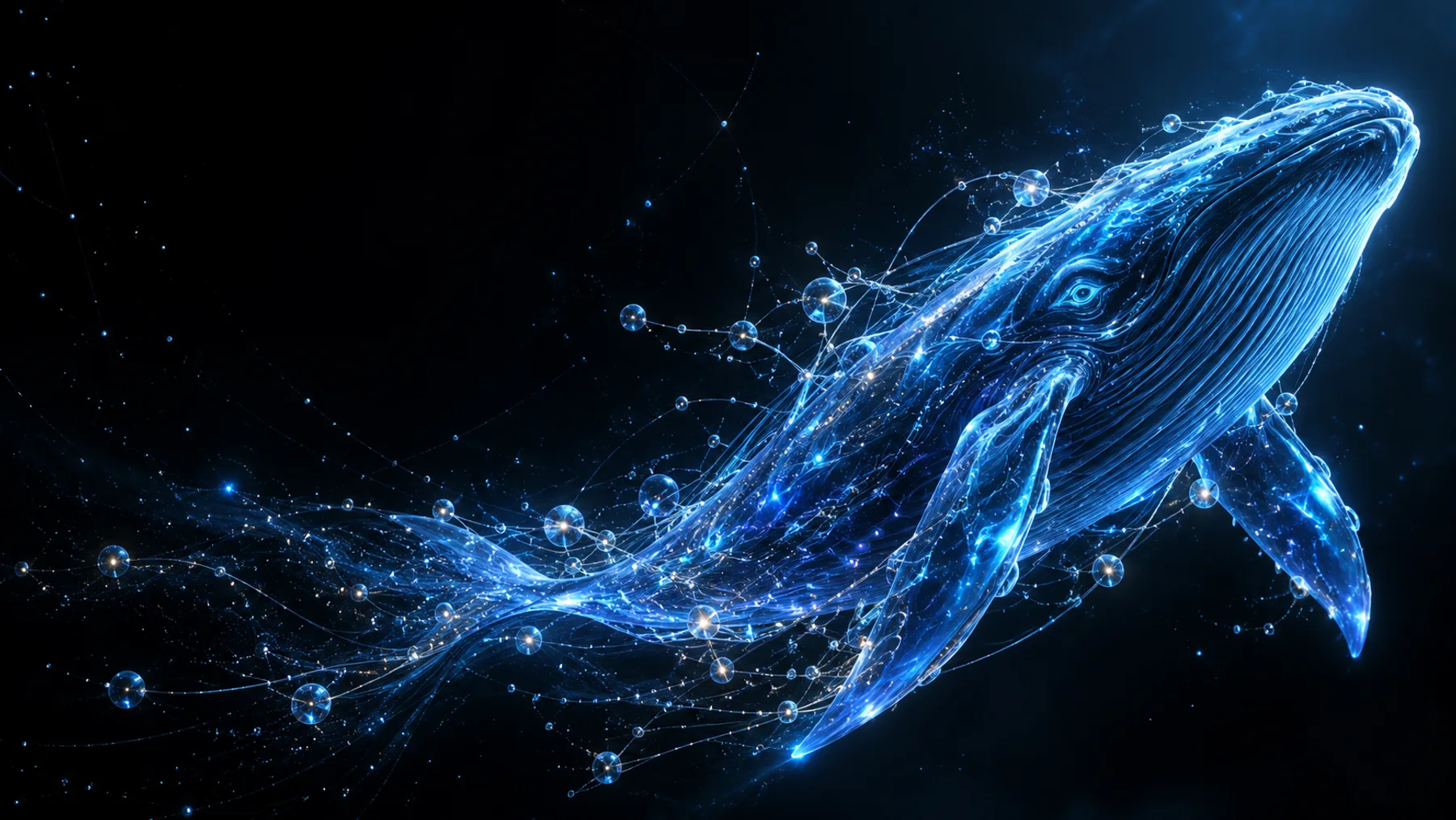 Conceptual electric-blue whale formed from connected intelligence nodes
